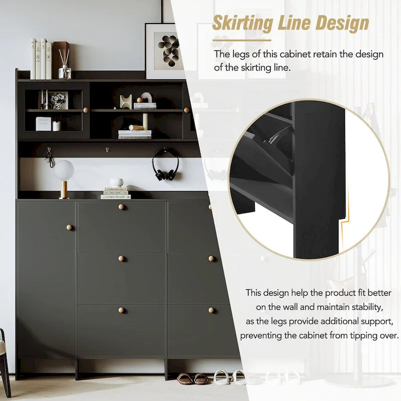 Shoe Cabinet with Storage Shelf & 6 Flip Drawers,Large Hall Tree with Tempered Glass Doors, Elegant Foyer Cabinet with 4 Hooks