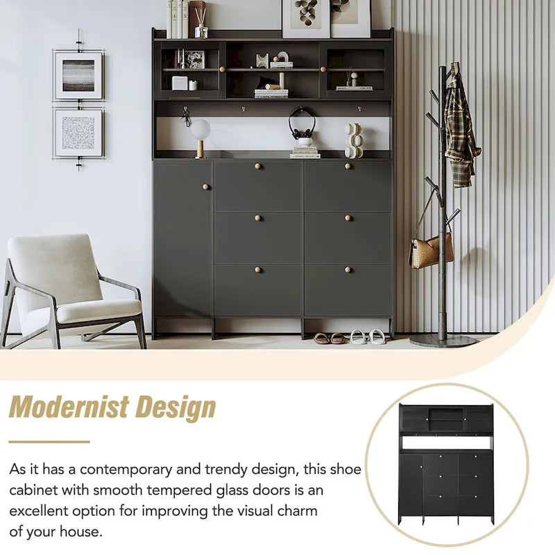 Shoe Cabinet with Storage Shelf & 6 Flip Drawers,Large Hall Tree with Tempered Glass Doors, Elegant Foyer Cabinet with 4 Hooks