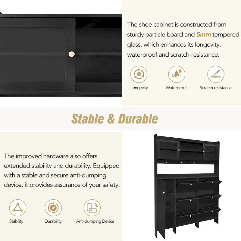 Shoe Cabinet with Storage Shelf & 6 Flip Drawers,Large Hall Tree with Tempered Glass Doors, Elegant Foyer Cabinet with 4 Hooks