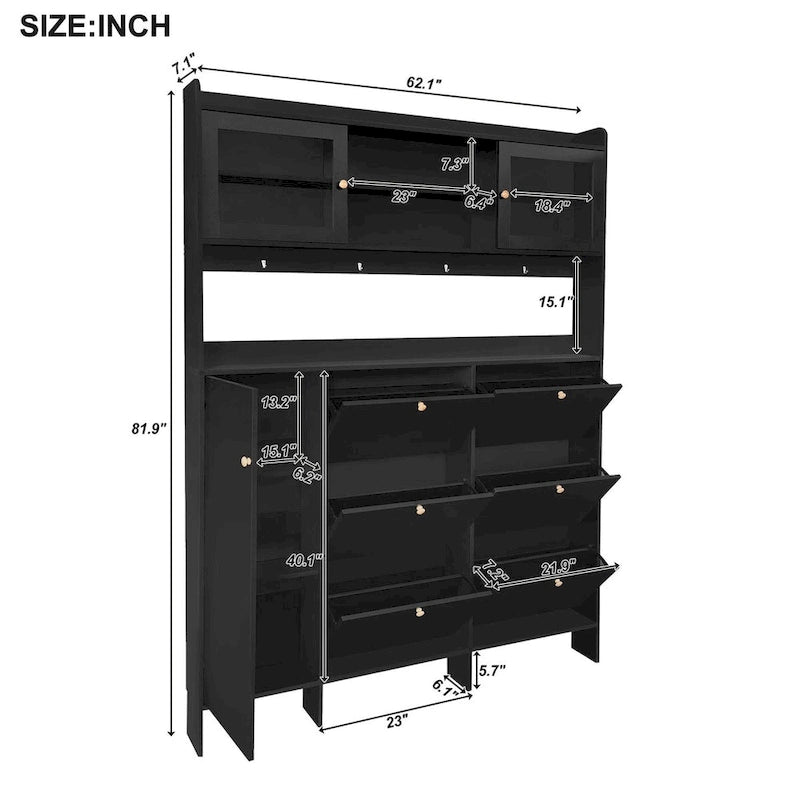 Shoe Cabinet with Storage Shelf & 6 Flip Drawers,Large Hall Tree with Tempered Glass Doors, Elegant Foyer Cabinet with 4 Hooks