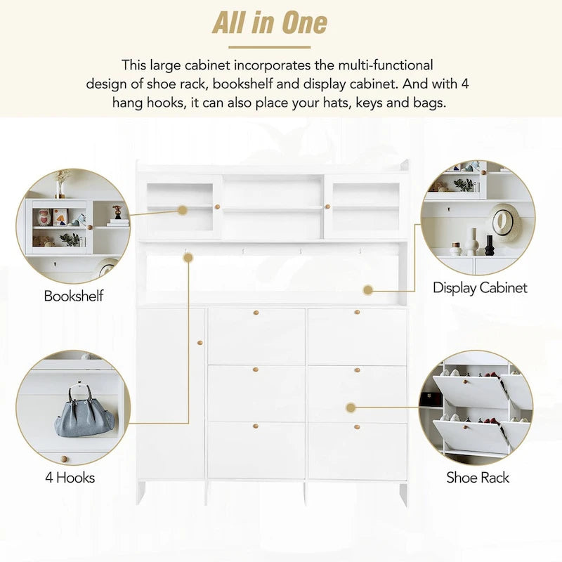 Shoe Cabinet with Storage Shelf & 6 Flip Drawers,Large Hall Tree with Tempered Glass Doors, Elegant Foyer Cabinet with 4 Hooks