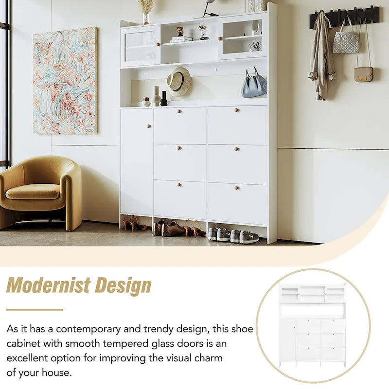 Shoe Cabinet with Storage Shelf & 6 Flip Drawers,Large Hall Tree with Tempered Glass Doors, Elegant Foyer Cabinet with 4 Hooks