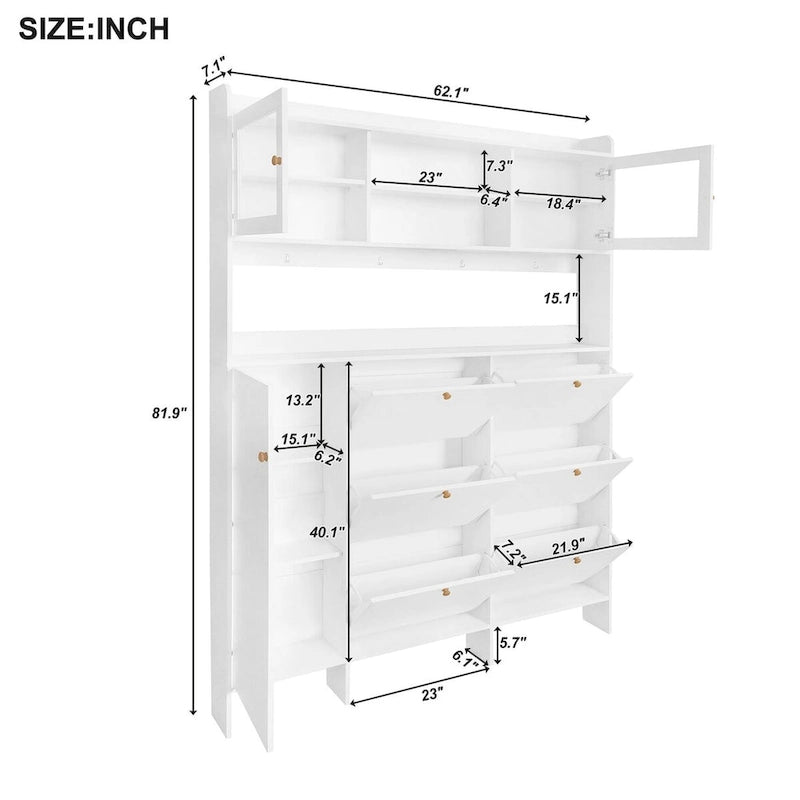 Shoe Cabinet with Storage Shelf & 6 Flip Drawers,Large Hall Tree with Tempered Glass Doors, Elegant Foyer Cabinet with 4 Hooks