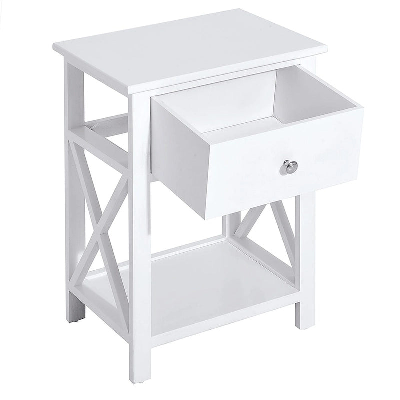 Side Table, Farmhouse End Table with Storage Drawer, Open Shelf and X-frame, Bedside Table for Living Room, White