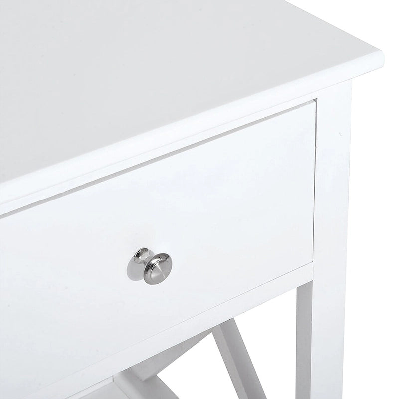 Side Table, Farmhouse End Table with Storage Drawer, Open Shelf and X-frame, Bedside Table for Living Room, White