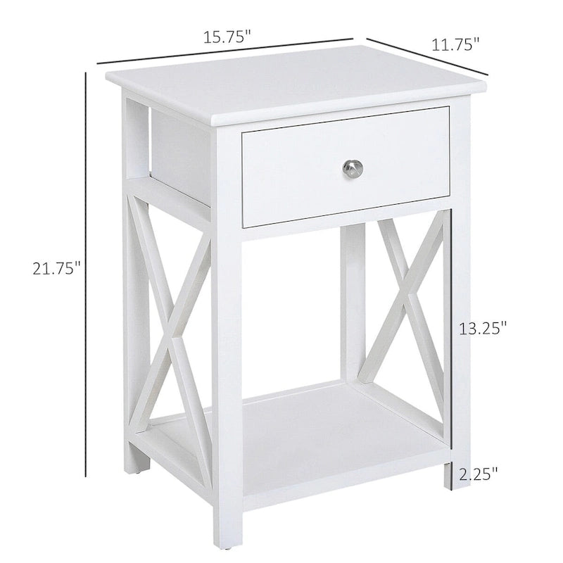 Side Table, Farmhouse End Table with Storage Drawer, Open Shelf and X-frame, Bedside Table for Living Room, White