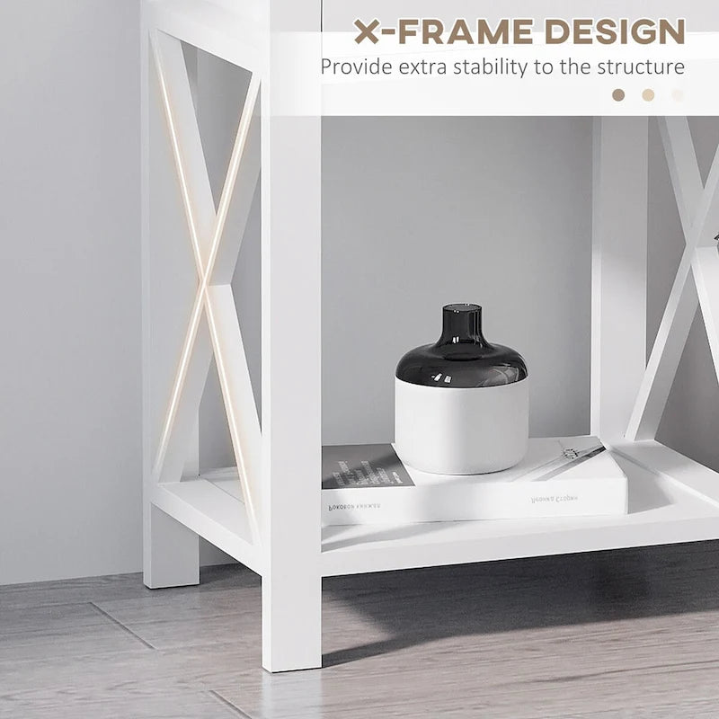 Side Table, Farmhouse End Table with Storage Drawer, Open Shelf and X-frame, Bedside Table for Living Room, White