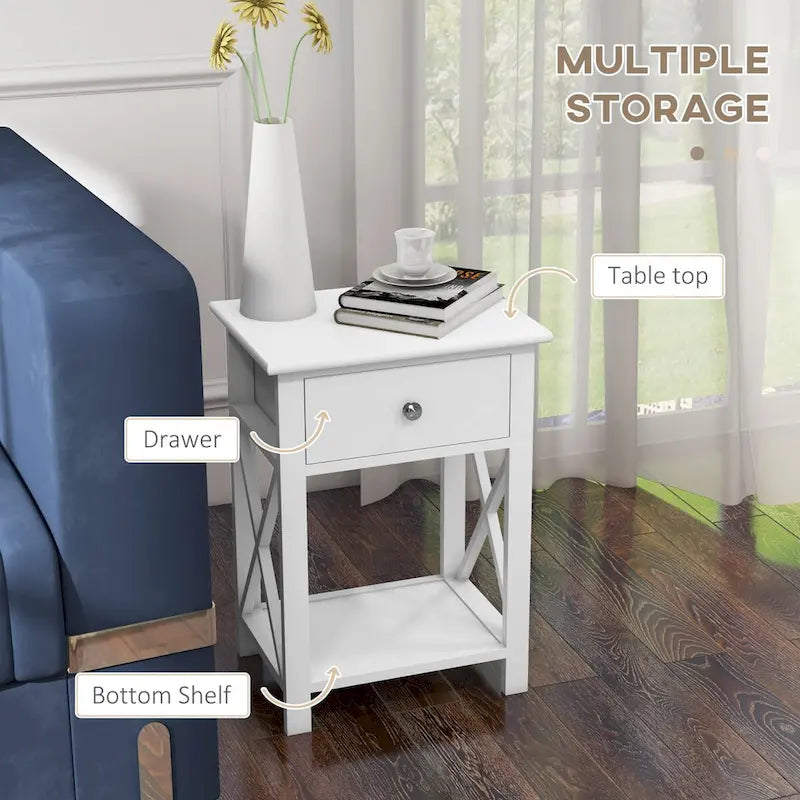 Side Table, Farmhouse End Table with Storage Drawer, Open Shelf and X-frame, Bedside Table for Living Room, White