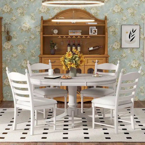 5-Piece Retro Functional Dining Table Set Wood Round Extendable Dining Table and 4 Upholstered Dining Chairs