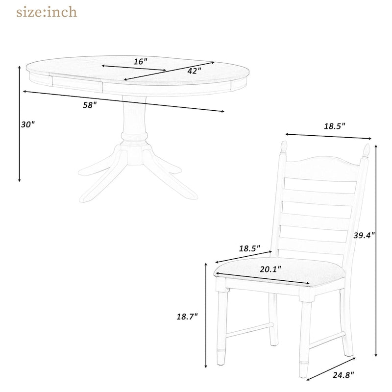 5-Piece Retro Functional Dining Table Set Wood Round Extendable Dining Table and 4 Upholstered Dining Chairs