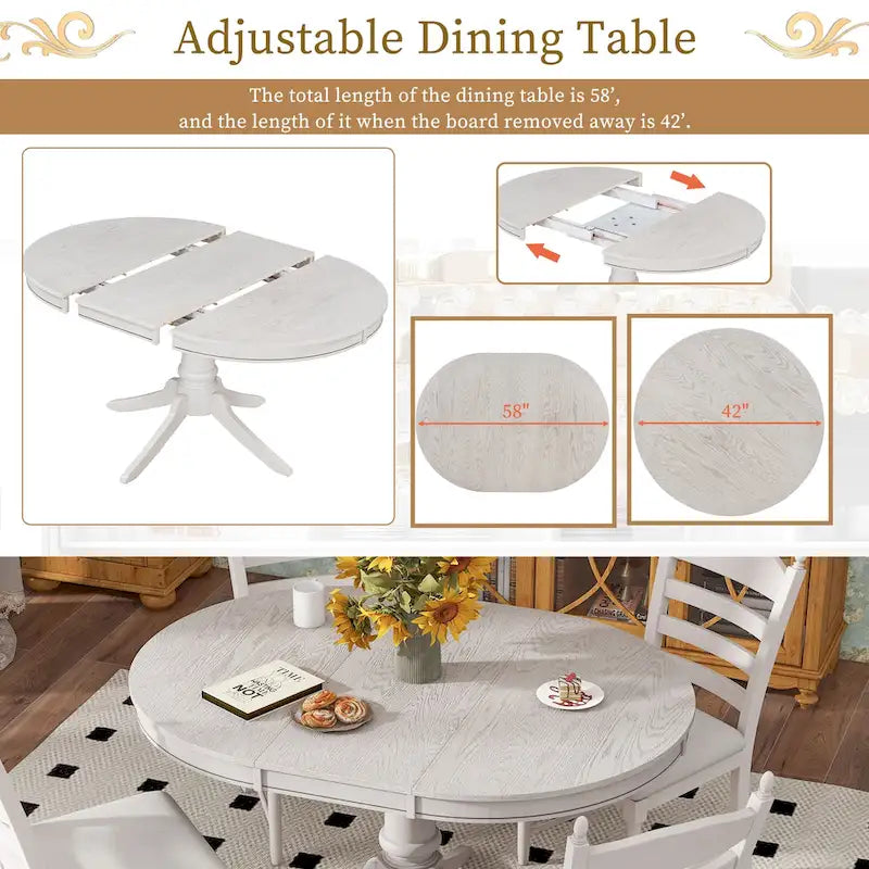 5-Piece Retro Functional Dining Table Set Wood Round Extendable Dining Table and 4 Upholstered Dining Chairs