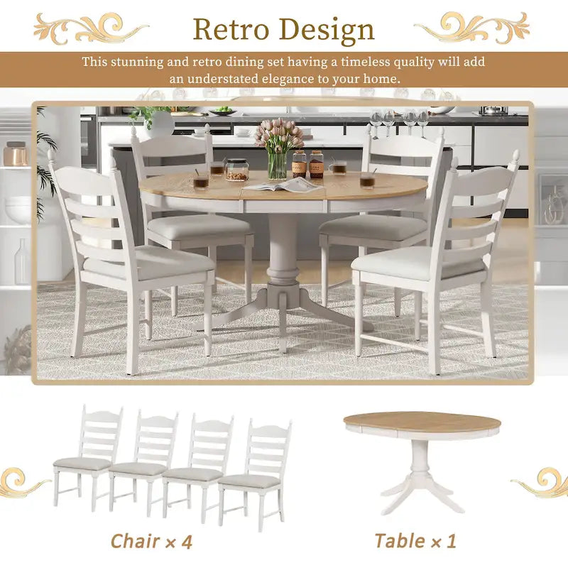 5-Piece Retro Functional Dining Table Set Wood Round Extendable Dining Table and 4 Upholstered Dining Chairs