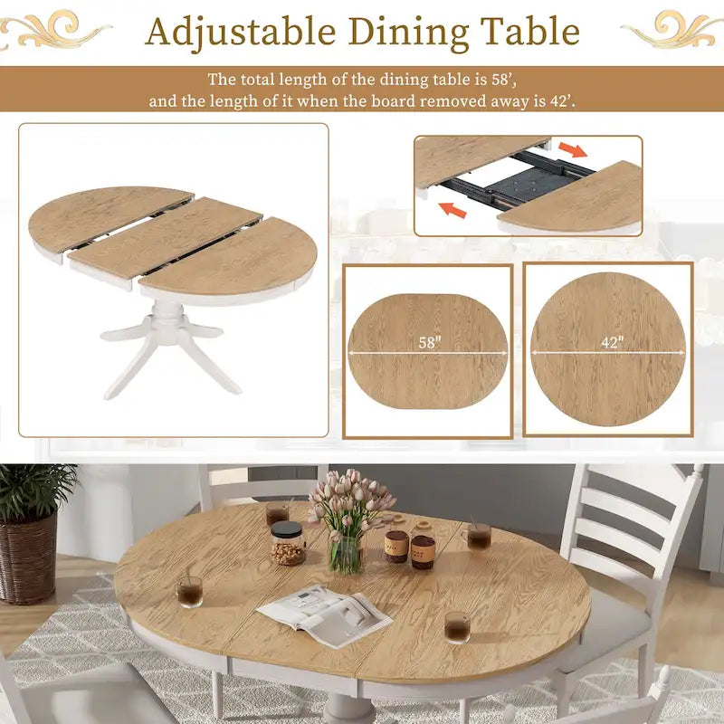 5-Piece Retro Functional Dining Table Set Wood Round Extendable Dining Table and 4 Upholstered Dining Chairs