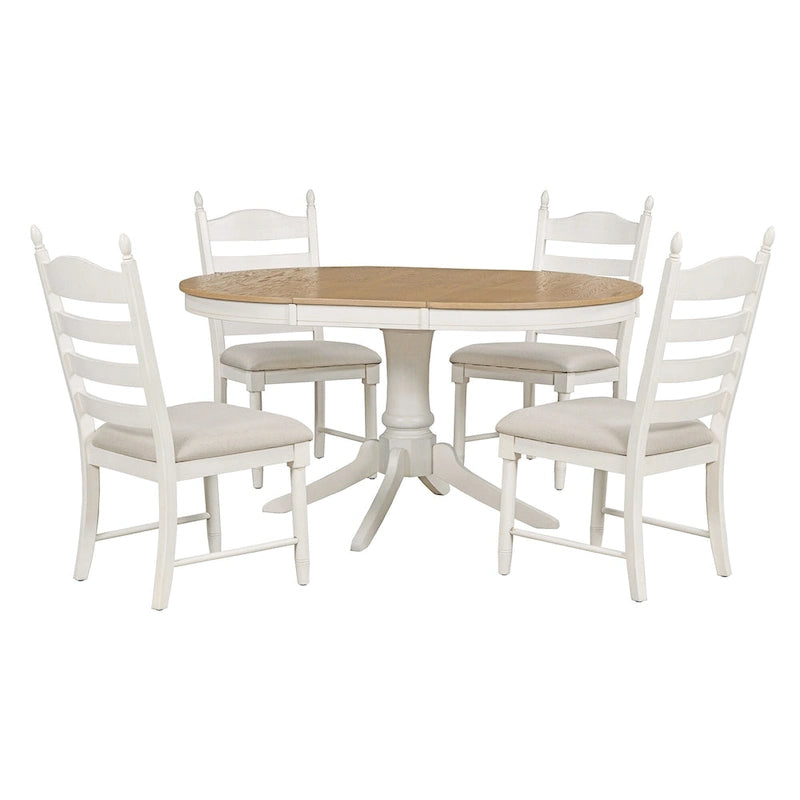5-Piece Retro Functional Dining Table Set Wood Round Extendable Dining Table and 4 Upholstered Dining Chairs