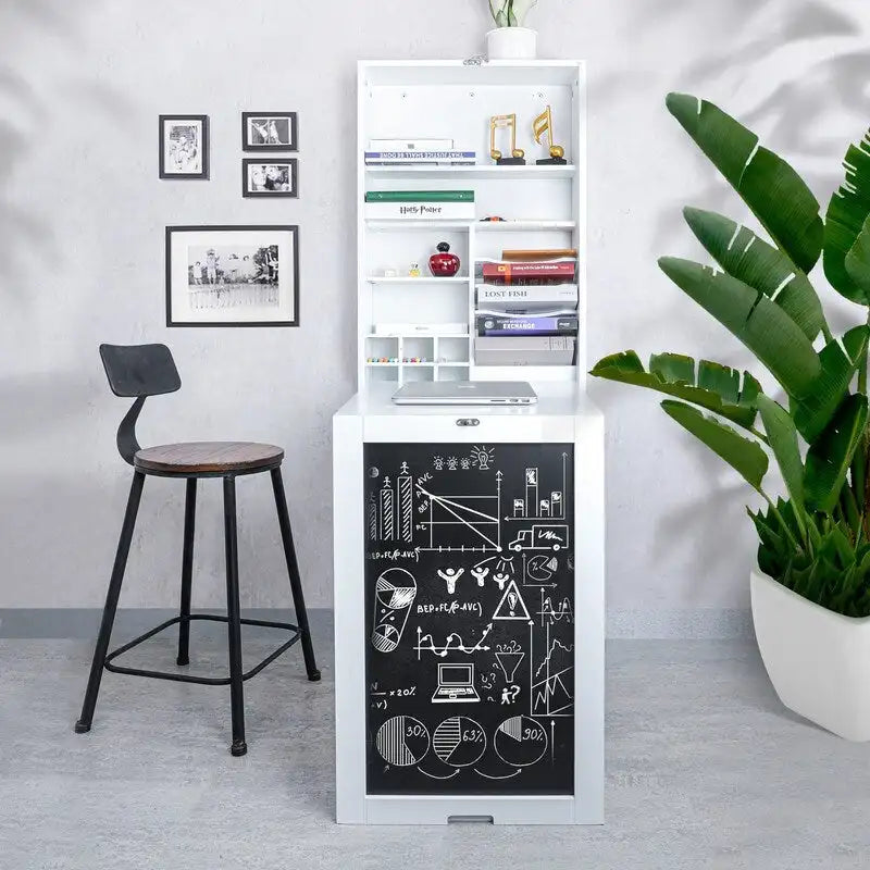 Utopia Alley Fold Down Desk Table Wall Cabinet With Chalkboard, White