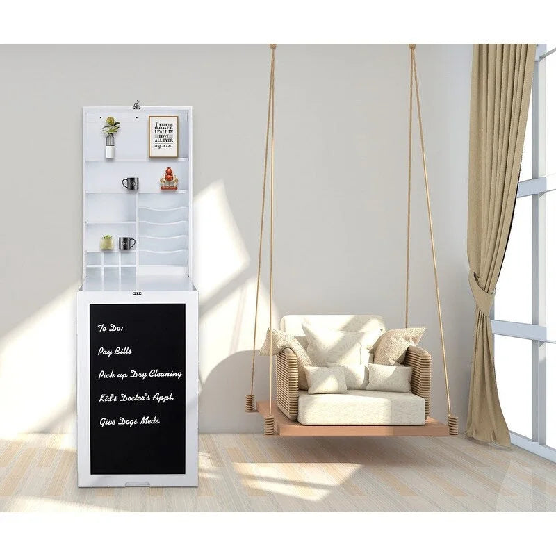 Utopia Alley Fold Down Desk Table Wall Cabinet With Chalkboard, White