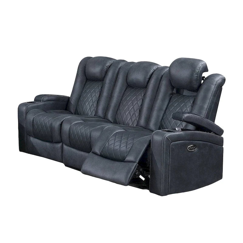 Elva 83 Inch Power Reclining Sofa, Storage Console, Blue Breathable Leather
