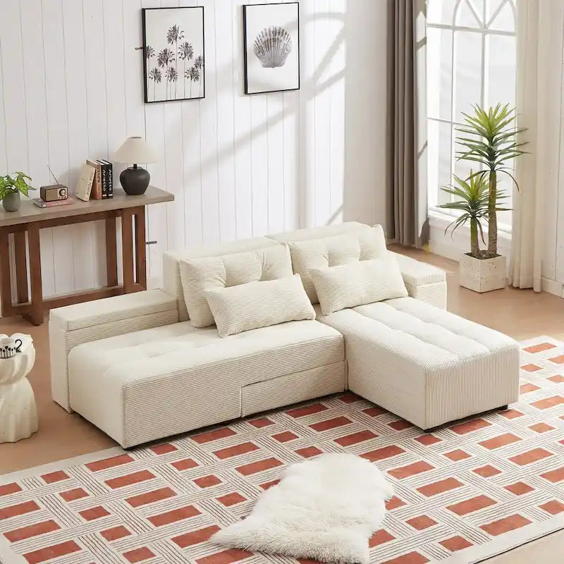 Modular Corduroy Sleeper Sofa & Sectional Set,Beige, 3-in-1 Design