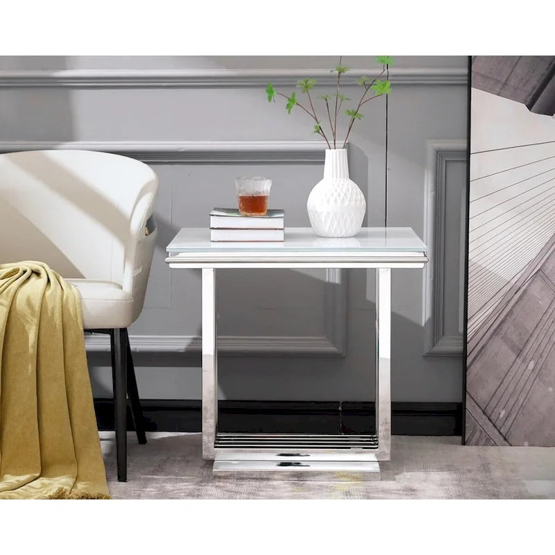 Luxurious Silver and Glass End Table with 24 inch Square Top and Stainless Steel Base