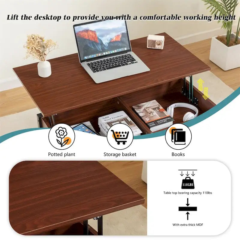 Metal Coffee Table with a Lifting Table and Hidden Storage Space