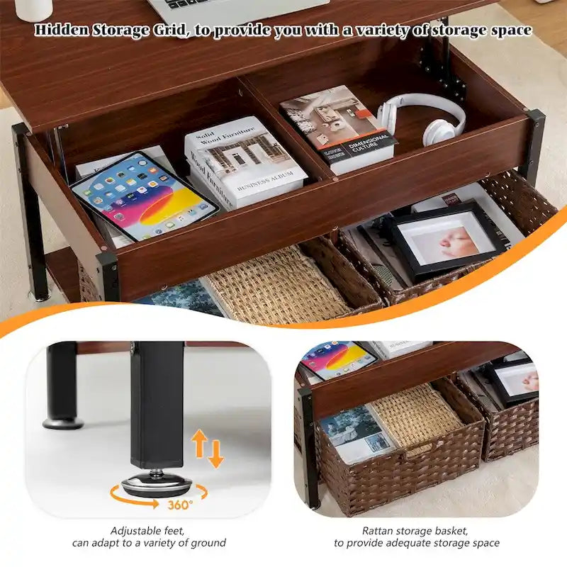 Metal Coffee Table with a Lifting Table and Hidden Storage Space