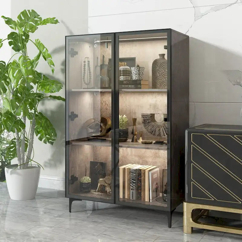 Display Storage Cabinet Showcase with Glass Doors and LED Light
