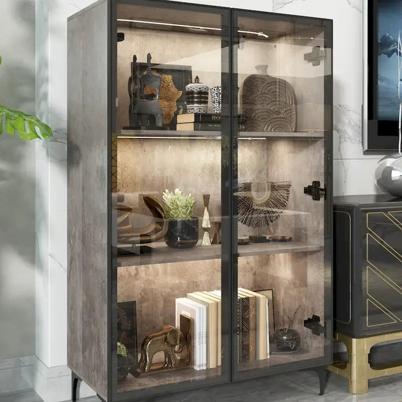 Display Storage Cabinet Showcase with Glass Doors and LED Light