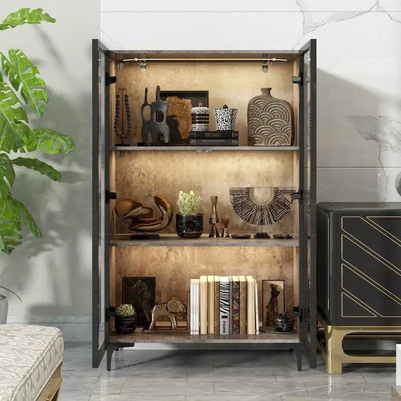 Display Storage Cabinet Showcase with Glass Doors and LED Light
