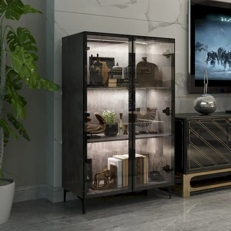 Display Storage Cabinet Showcase with Glass Doors and LED Light