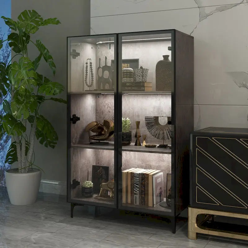 Display Storage Cabinet Showcase with Glass Doors and LED Light