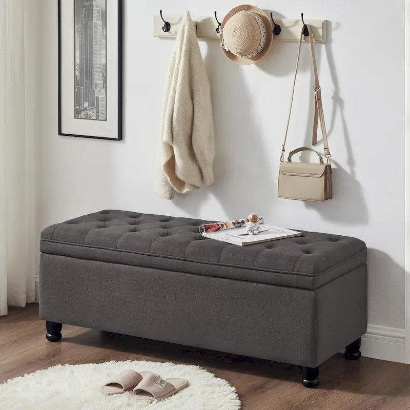 Upholstered tufted button storage bench ,Linen fabric entry bench with spindle wooden legs, Bed bench- Dark Gray