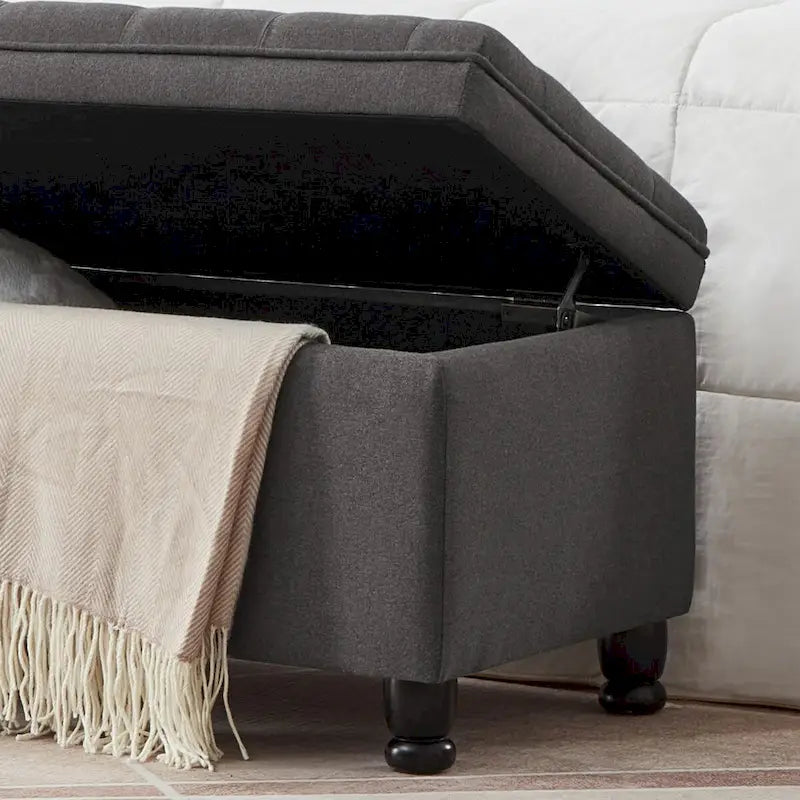 Upholstered tufted button storage bench ,Linen fabric entry bench with spindle wooden legs, Bed bench- Dark Gray