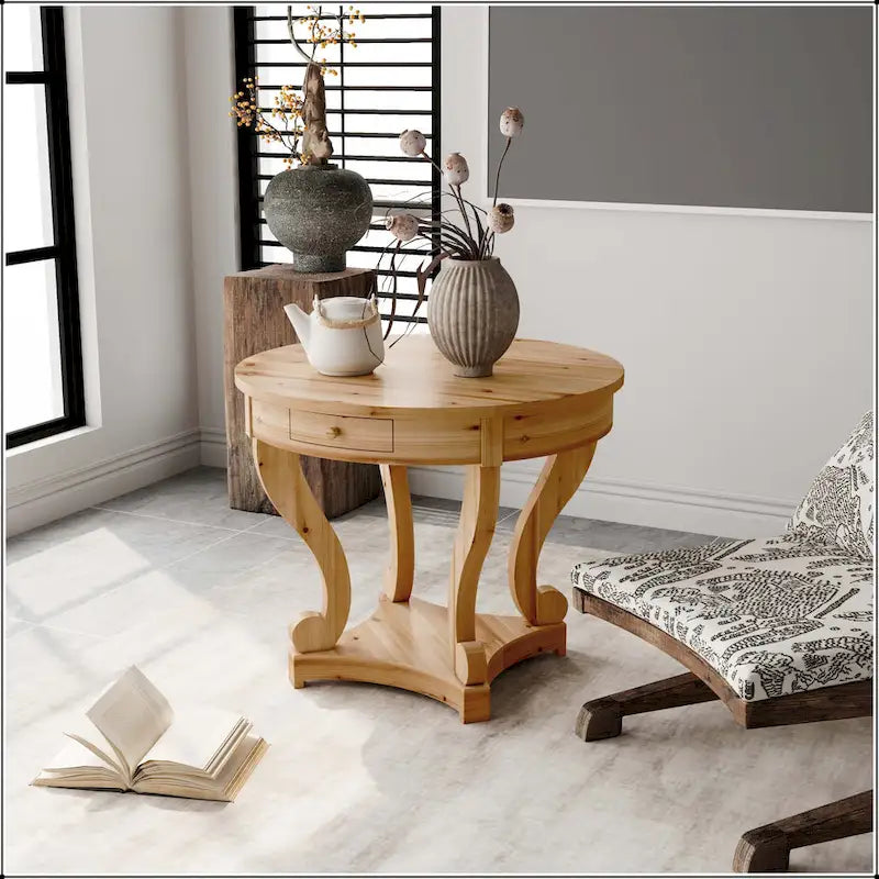 Curved Legs Farmhouse Style Small Size Round Dining Table