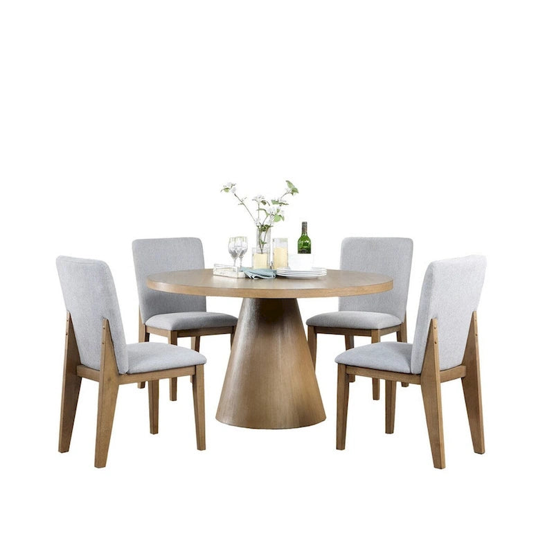 Deli 5 Piece Round Dining Table Set, 4 Seater Table, Gray Linen Chairs